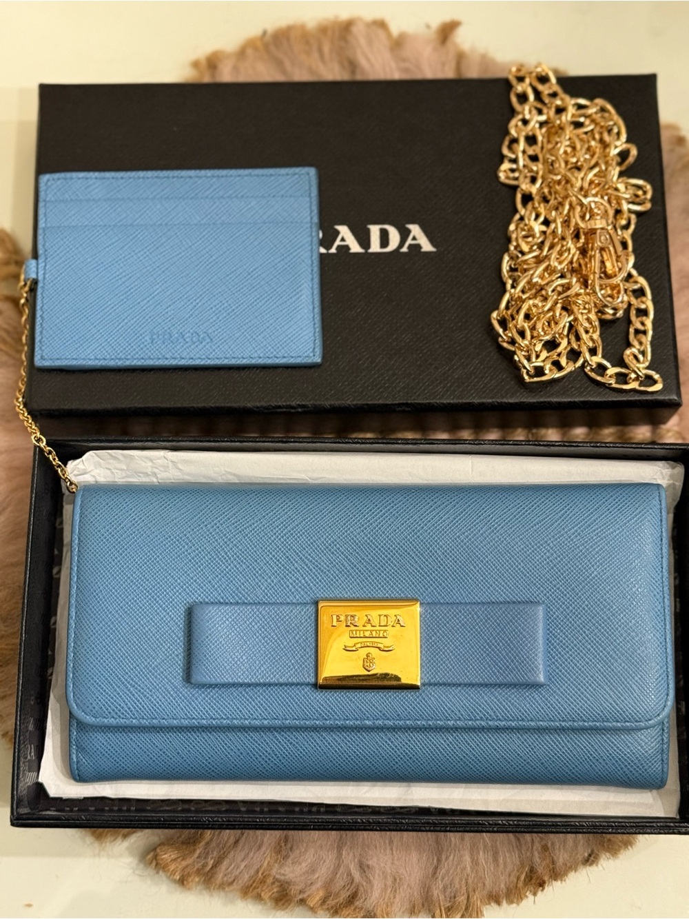 Prada Saffiano Lux Bow Continental Wallet Light Blue Gold Hardware W/ Chain Card - Picture 2 of 16